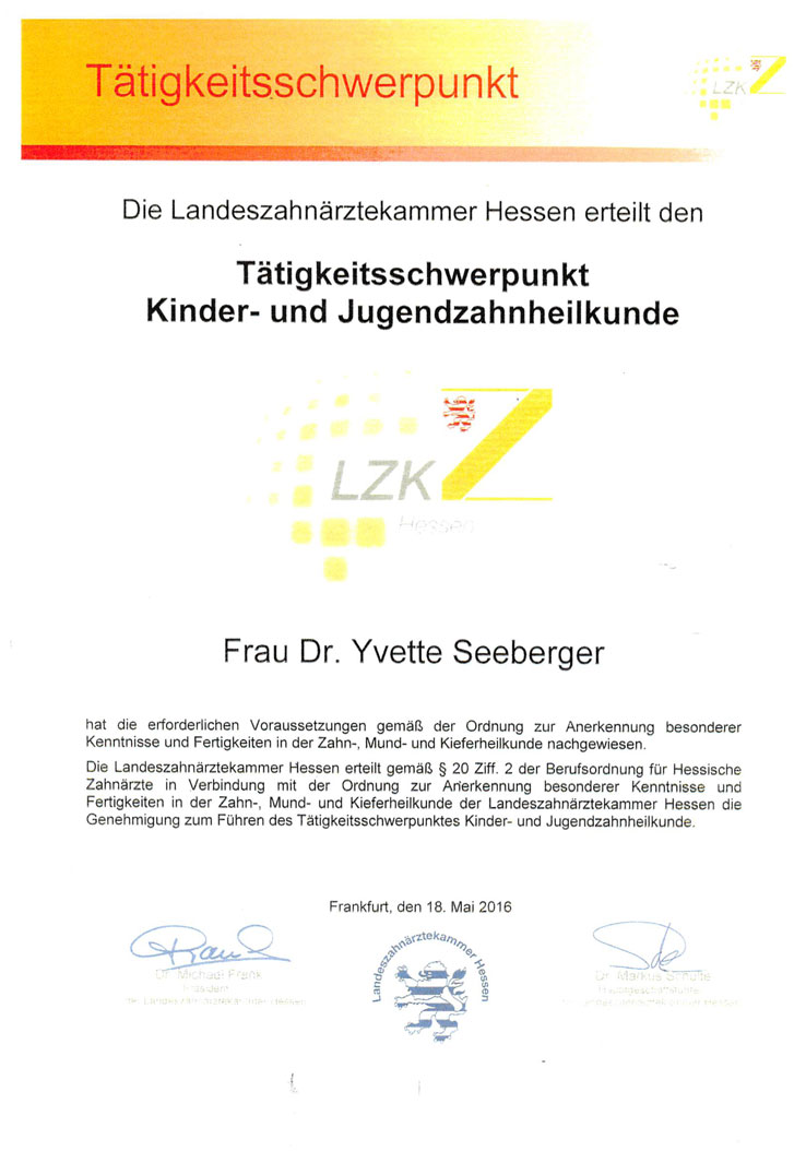 Zertifikat Kinderzahnheilkunde