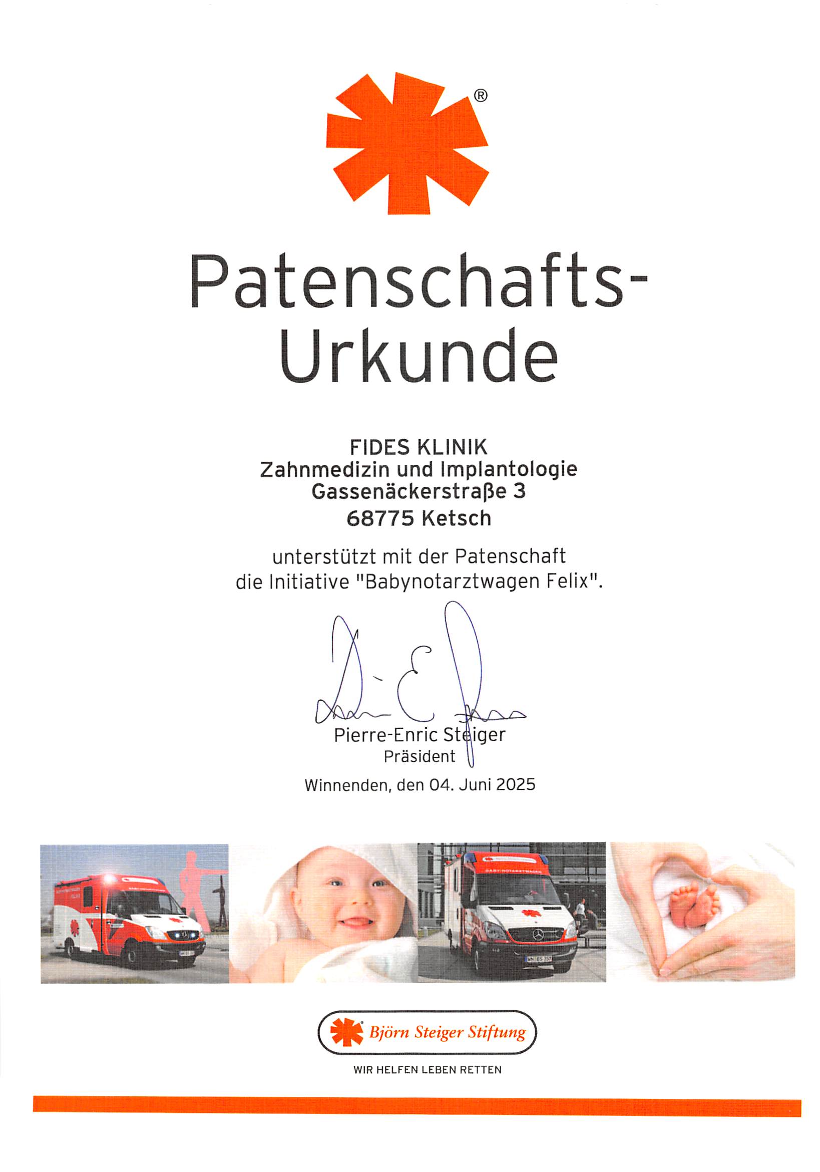 Urkunde Babynotarztwagen Felix