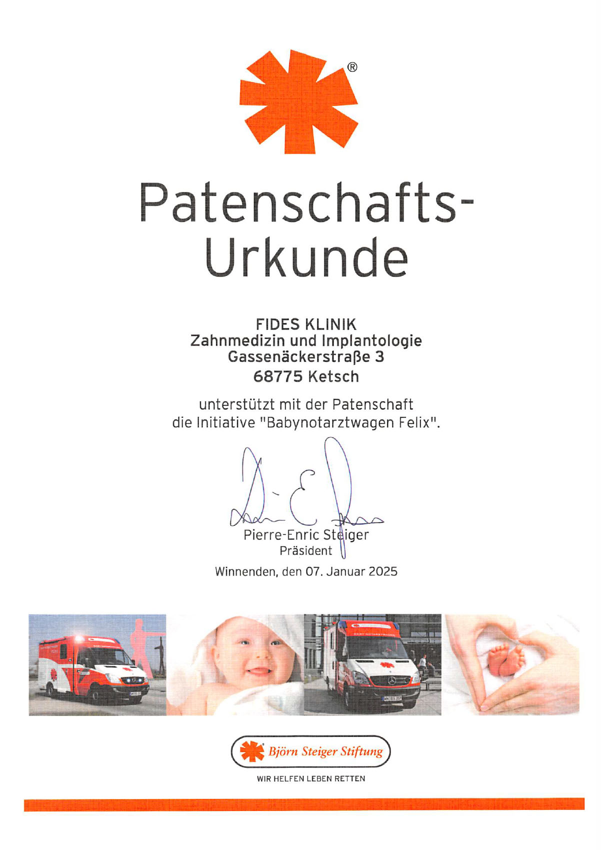 Urkunde Babynotarztwagen Felix
